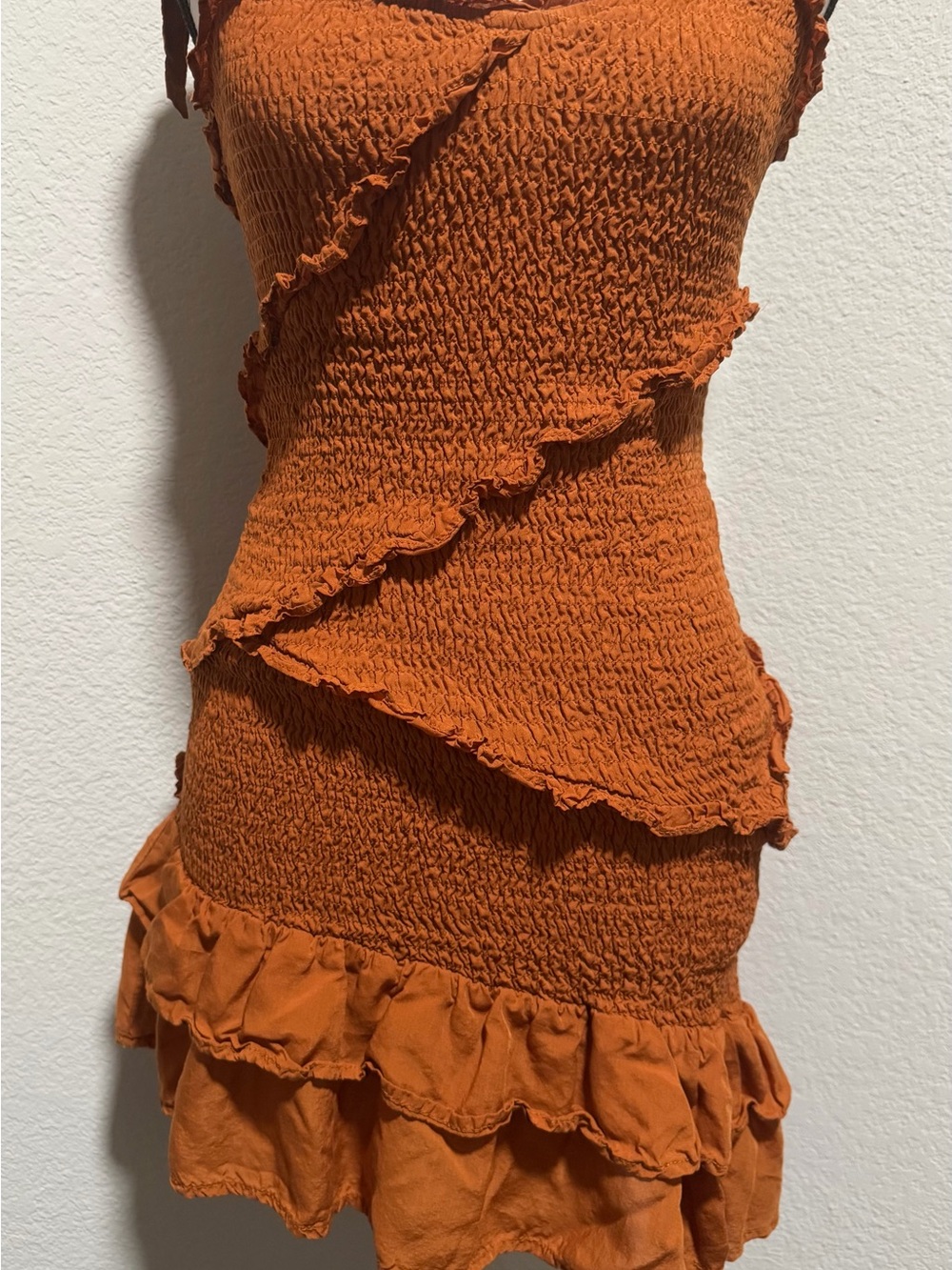 Astr Rust Orange Smocked Ruffle Mini Dress - Picture 9 of 11